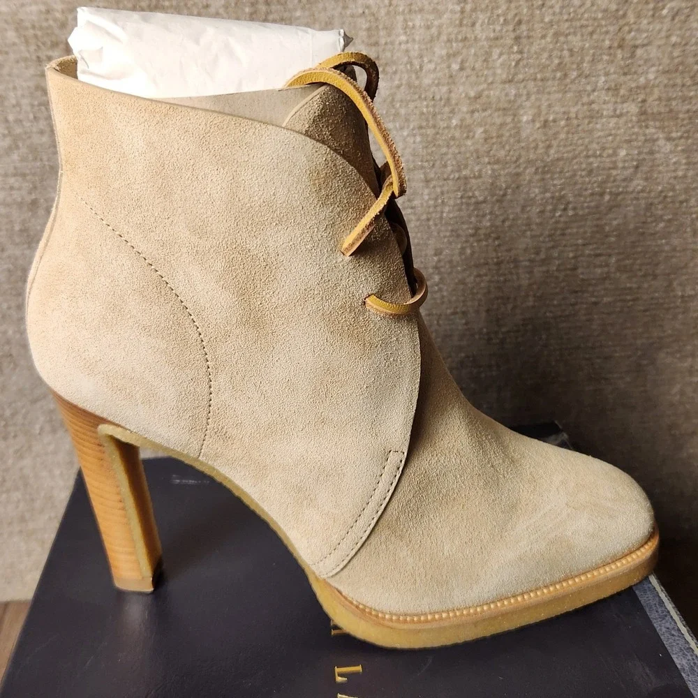 Ralph Lauren Ankle Boots Womens 8 Tan Suede Lace Up High Heel Chukka Booties
